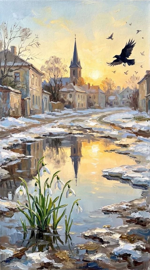 Spring-themed split scene with lightning clasp and winter town