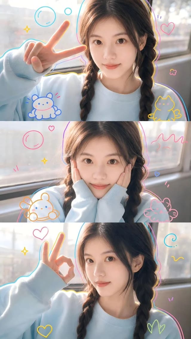 Three-panel daylight selfie collage in doodle style