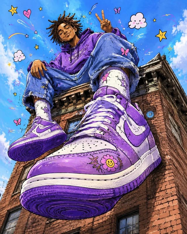 Cartoon Sneaker Campaign with Giant Rooftop Character