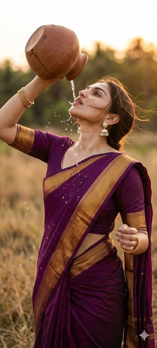 Woman in Purple Sari Drinking from Clay Pot at Sunset