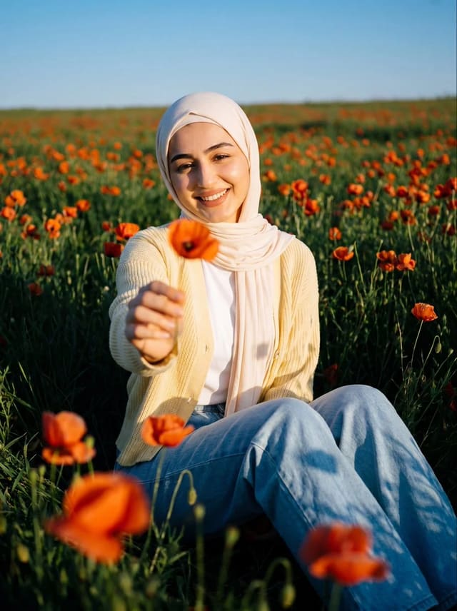 GPT-Image-2 cinematic hijabi woman in a wild poppy field