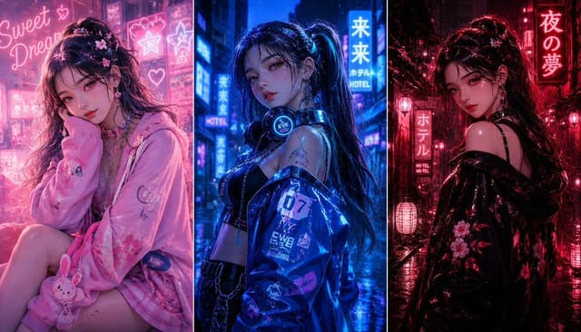 Three-Panel Neon Anime K-Pop Fashion Collage