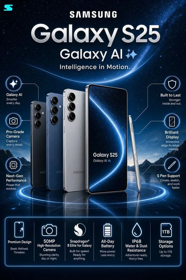 Samsung Galaxy S25 Premium Futuristic Infographic Poster