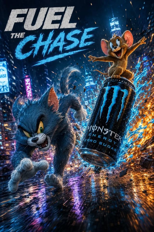 Tom and Jerry Futuristic Energy Drink Chase Poster
