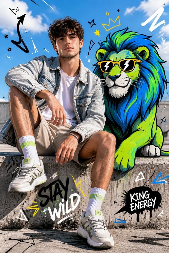 Fashion Editorial Portrait with Stylized Cartoon Lion