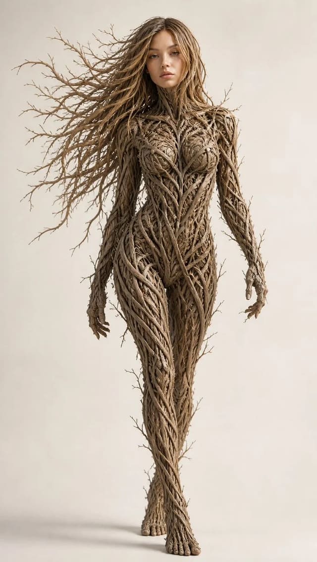 Ultra-Realistic Twig Sculpture Female Figure