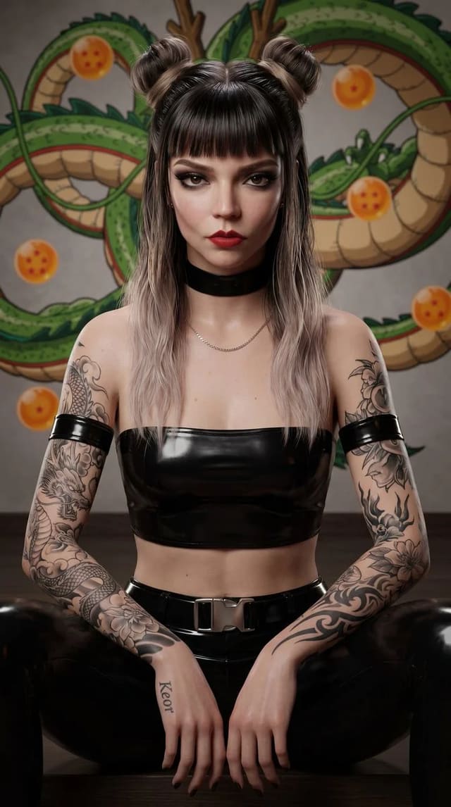 Photorealistic Tattooed Woman in Black Latex in Gothic Dragon Temple