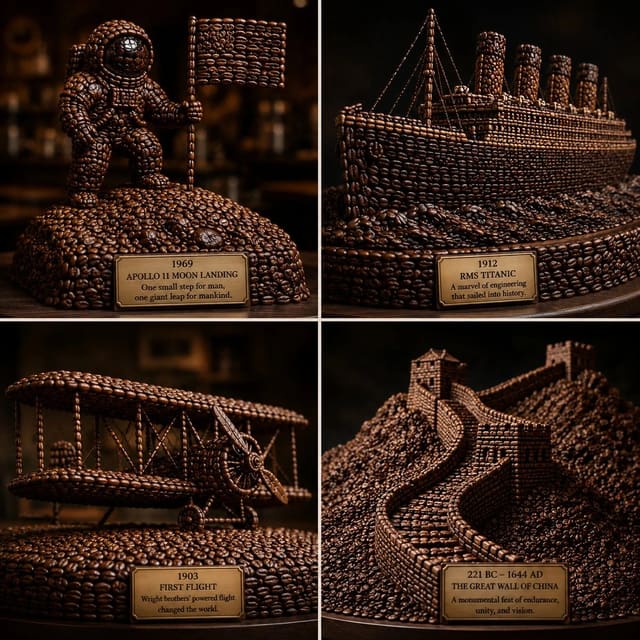 Famous Human Achievements Visualized as Coffee Bean Sculptures