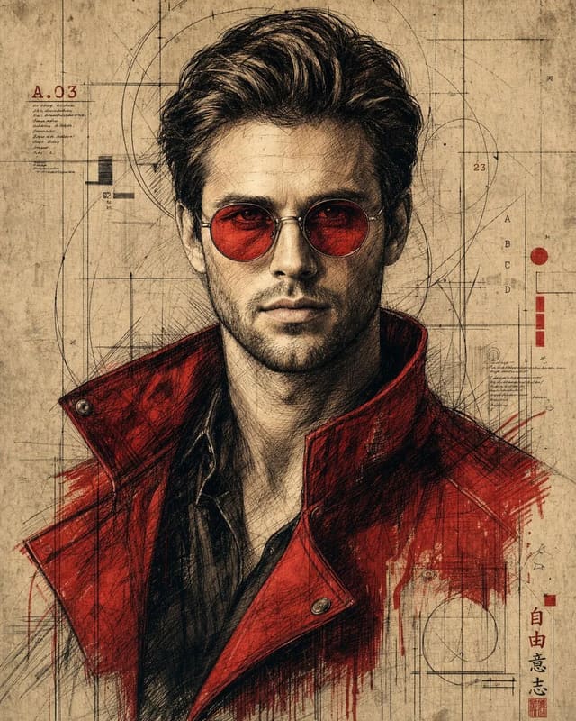 Hand-Drawn Cyberpunk Portrait with Red Accents