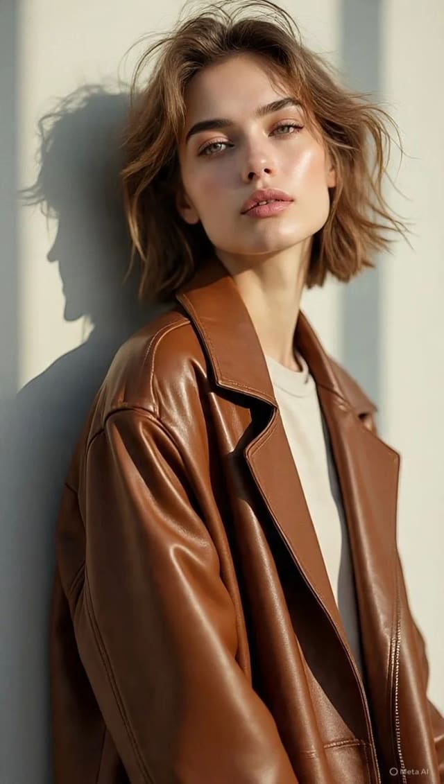 Photorealistic fashion portrait in tan leather trench coat