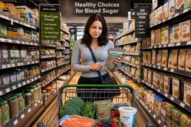 Photorealistic supermarket shopping scene for prediabetes-friendly foods