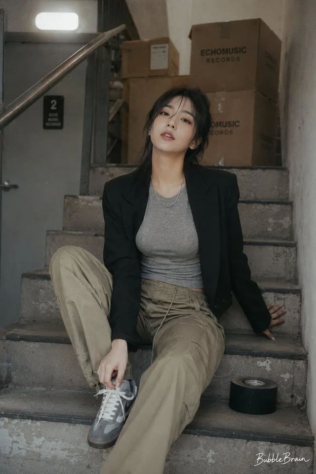 Photorealistic Korean Idol OOTD Stairwell Portrait