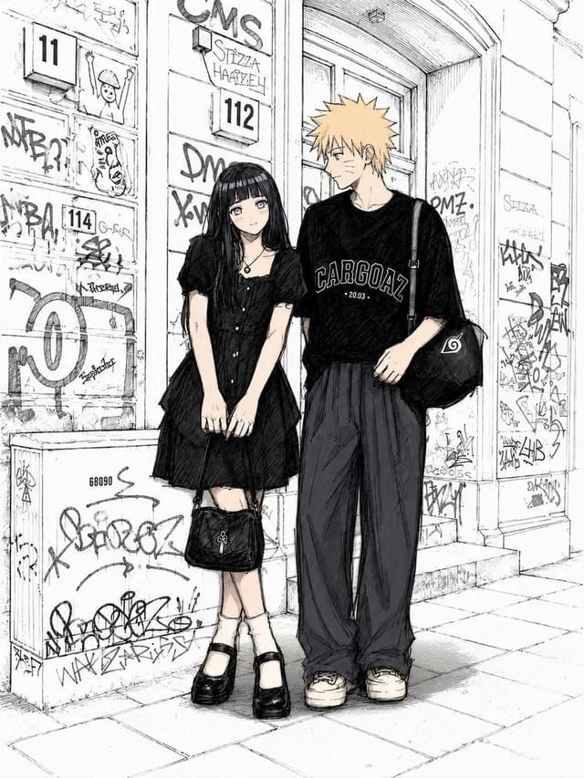 Anime Street Fashion Couple in Front of Graffiti Wall