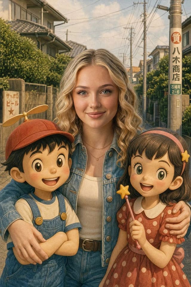 Photorealistic woman with retro 3D cartoon kids