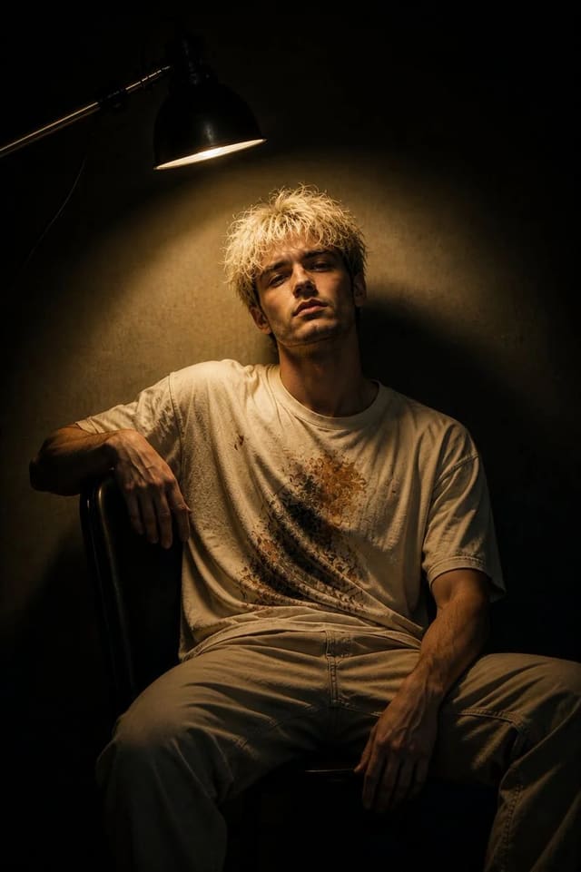 Moody Low-Key Portrait Under Industrial Lamp
