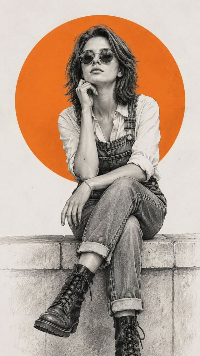 Fashion Editorial Pencil-Sketch Woman with Orange Circle
