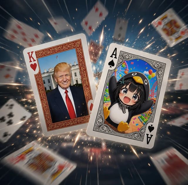 Cinematic Flying Playing Cards with Trump King and Penguin Anime Ace