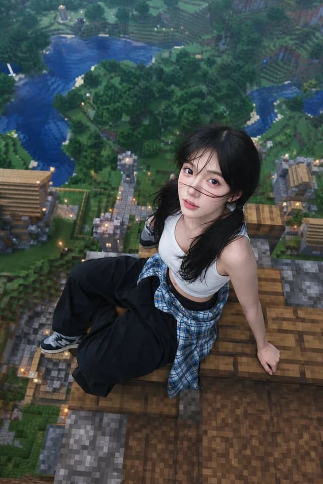 Photorealistic Woman on Minecraft Rooftop Aerial Parody