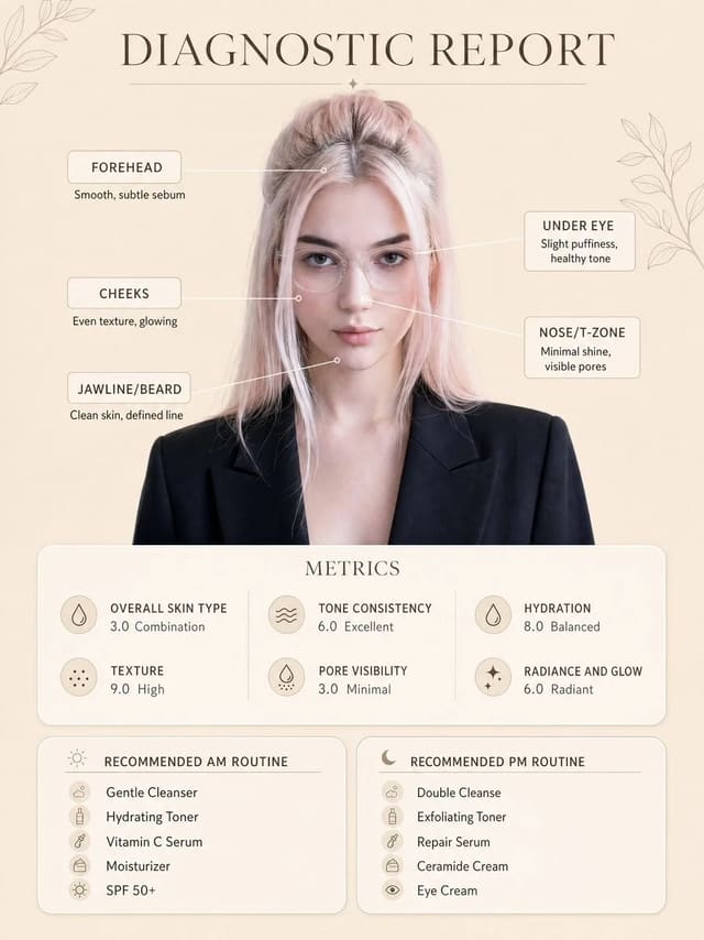 Premium skincare diagnostic report poster prompt