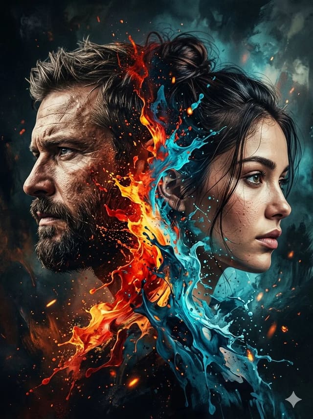 Dramatic Double-Exposure Portrait with Fiery and Cool Paint Energy