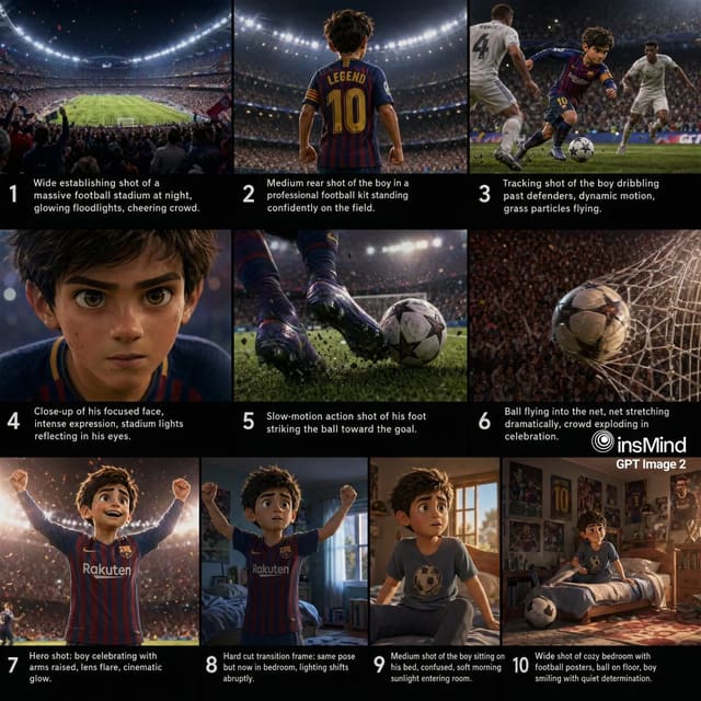 3D animated football dream storyboard