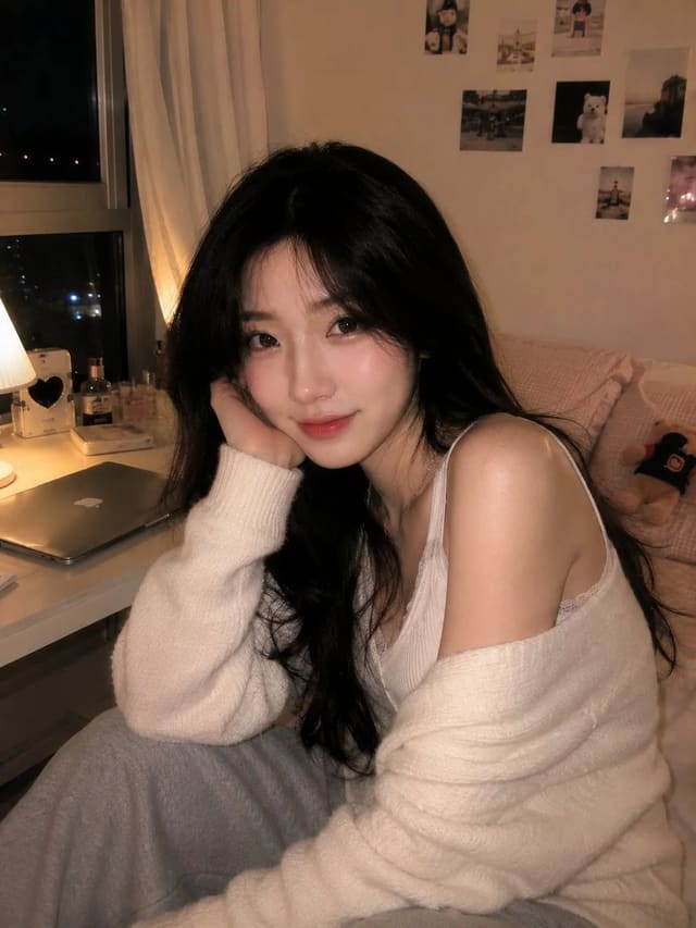 Ultra-realistic cozy Korean bedroom portrait
