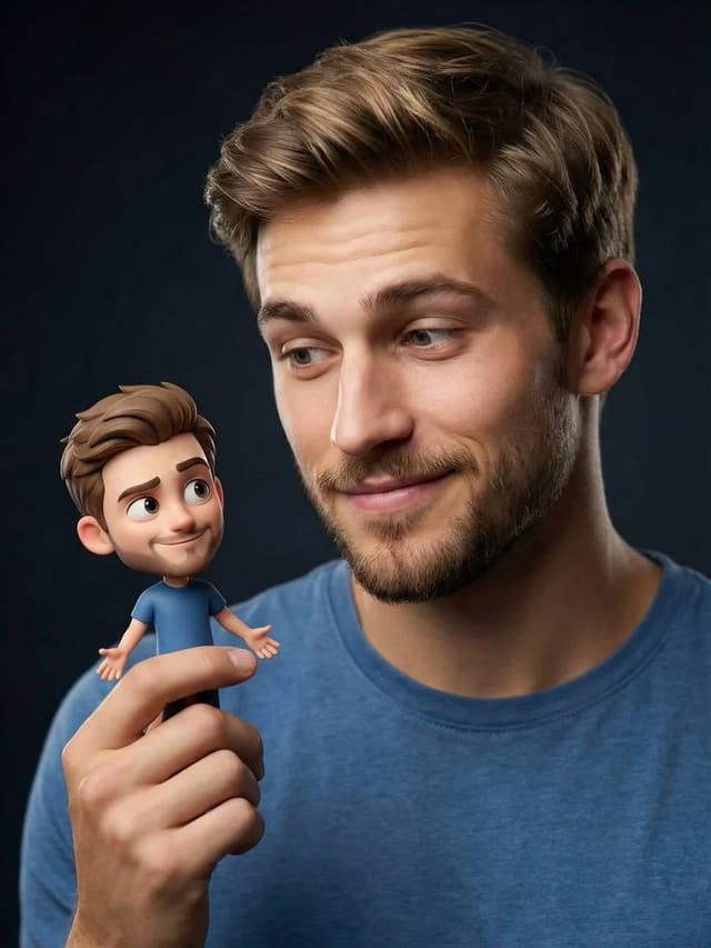 Photorealistic Portrait Holding a Tiny Cartoon Self