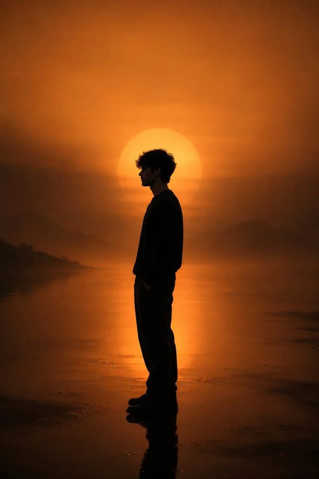 Cinematic Minimalist Silhouette Portrait with Glowing Sun