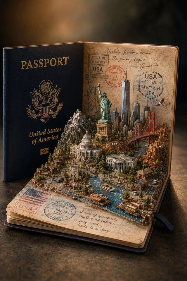 Cinematic Miniature Country Diorama Inside an Open Passport