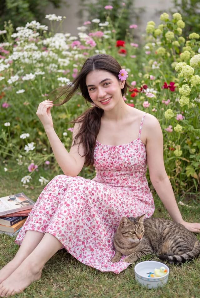 Ultra-realistic feminine garden portrait with cat