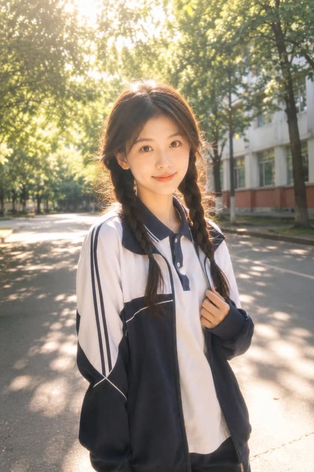 Dreamy student-style campus portrait in sunny tree-lined school setting