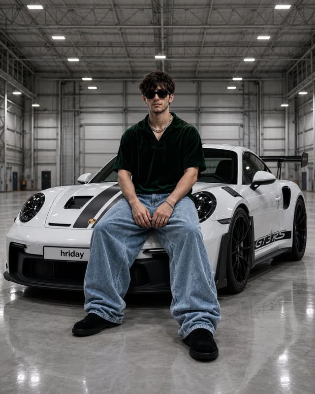 Stylish man on white Porsche 911 GT3 RS in aircraft hangar