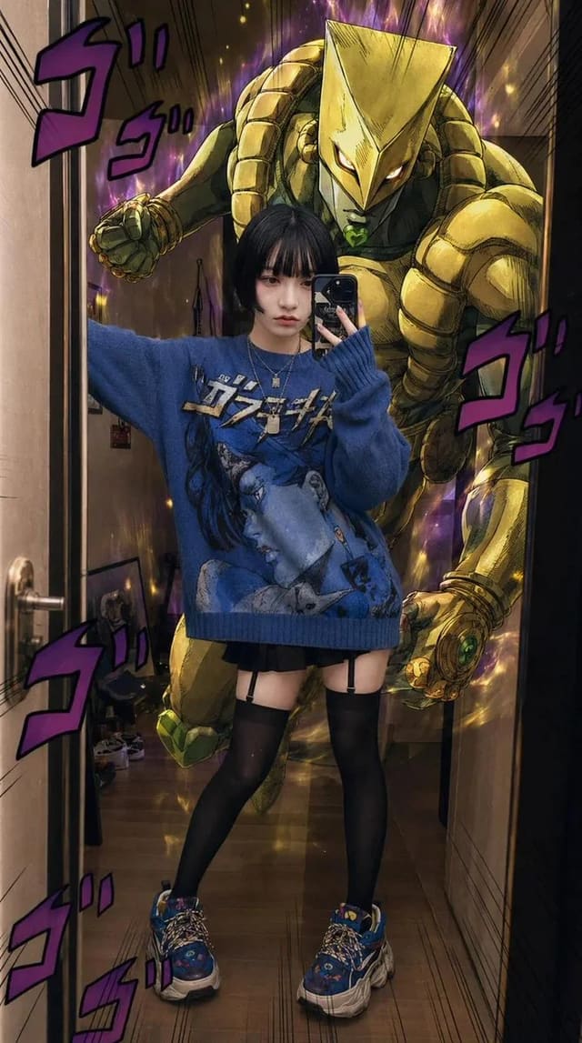 GPT-Image-2 JoJo-inspired realistic mirror selfie with The World Stand