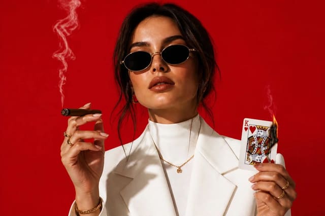 High-Fashion Portrait in White Suit with Cigar and Burning Card