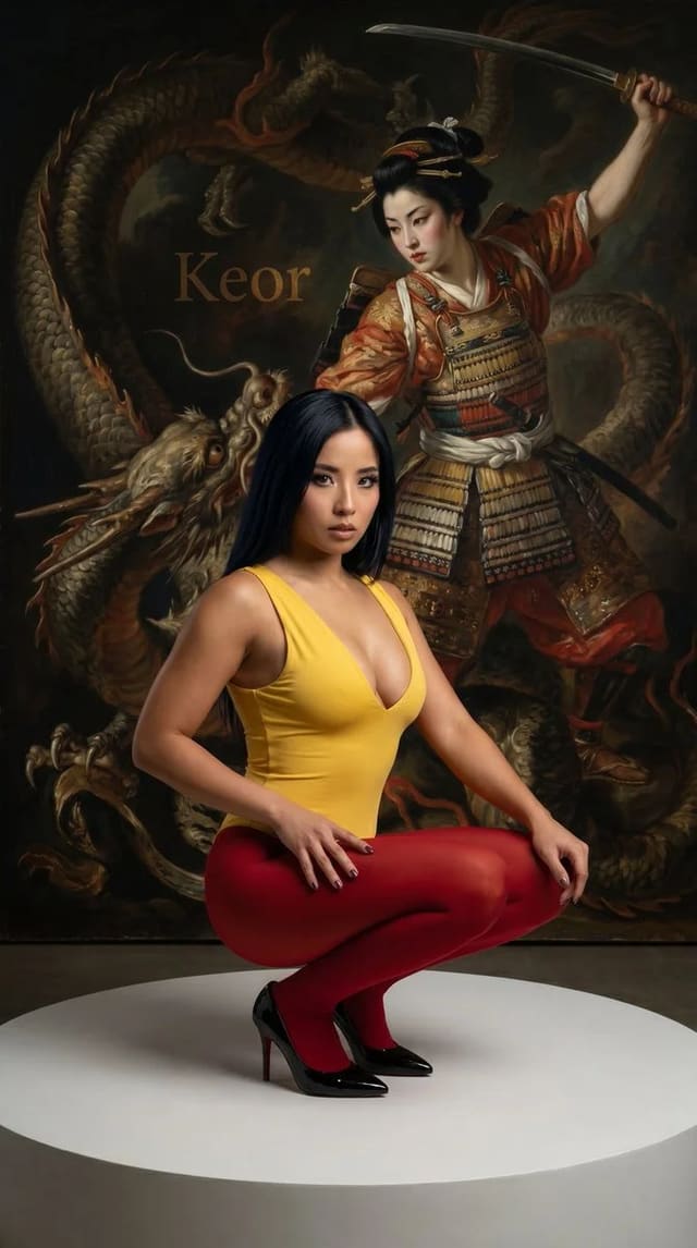 Hyper-realistic editorial portrait on a white stage with Delacroix-style mural