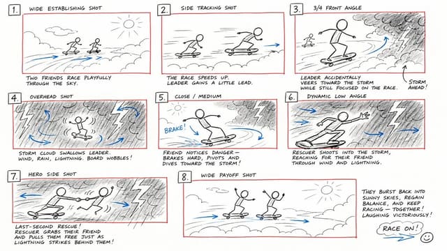 GPT Image 2 previs storyboard prompt for a cloud skateboard rescue chase