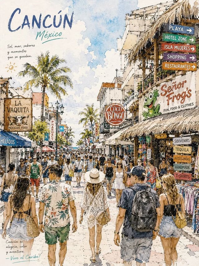 Watercolor Travel Poster of a Tropical Hotel Zone Street