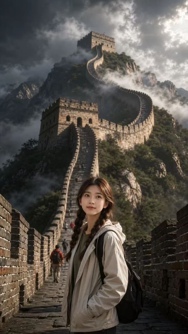 Cinematic Great Wall travel portrait in mountain mist