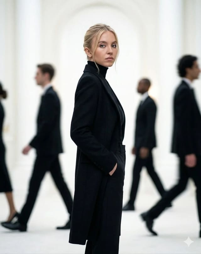 Cinematic high-fashion portrait with motion-blurred crowd