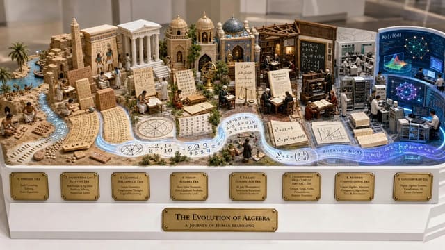 GPT Image 2 museum diorama visualizing the evolution of algebra