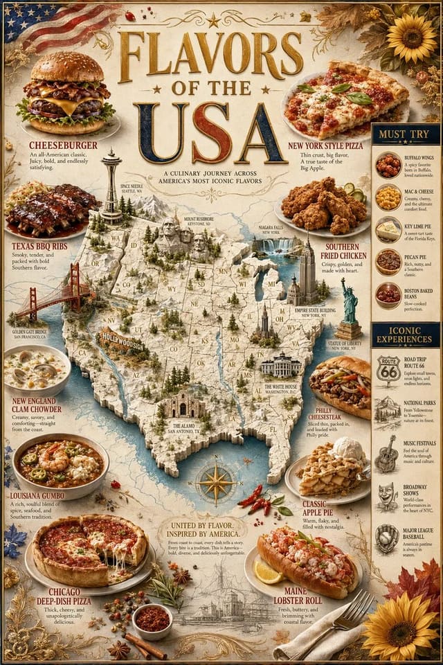 GPT Image 2 luxury “Flavors of the USA” culinary travel poster