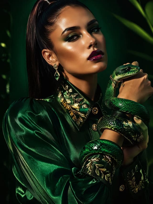 Gucci-Inspired Fashion Portrait with Emerald Baby Serpent
