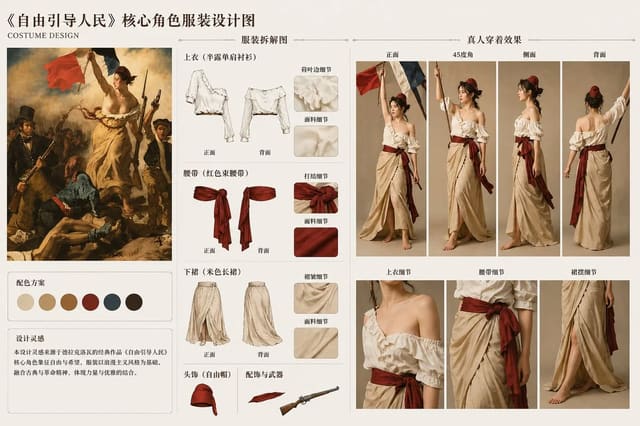 GPT-Image-2 拆解《自由引导人民》角色穿搭生成服装设计图