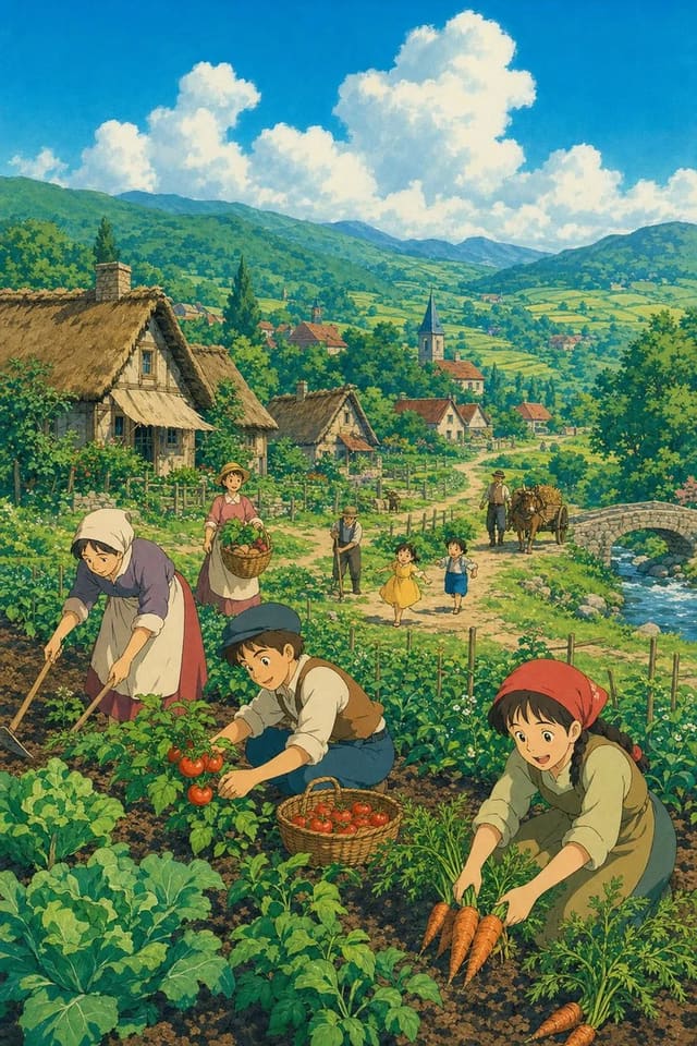 Studio Ghibli-style pastoral village harvest scene