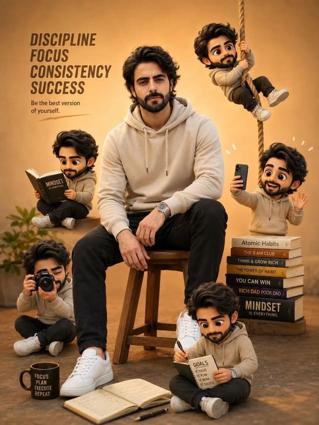 Young Boy with Mini Cartoon Selves Motivational Poster