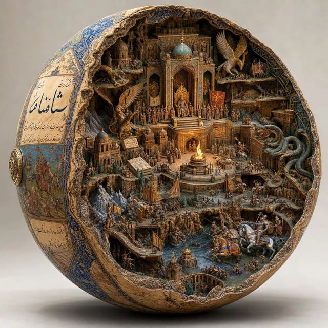 GPT Image 2 and Nano Banana prompt for a Shahnameh spherical artifact diorama