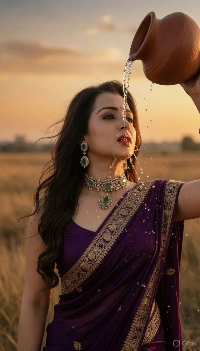 Woman in Purple Sari Drinking from Clay Pot at Sunset