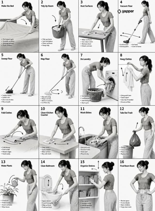 Monochrome 4×4 Household Chore Instructional Storyboard