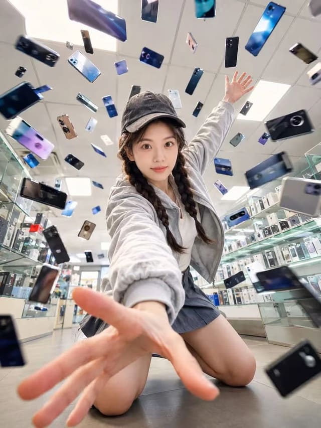 iPhone ultra-wide action portrait in a smartphone store with floating phones