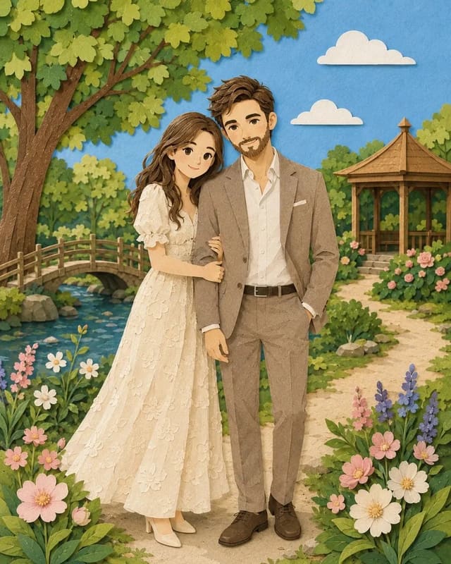 Romantic Couple Portrait in Layered Paper-Cut Park